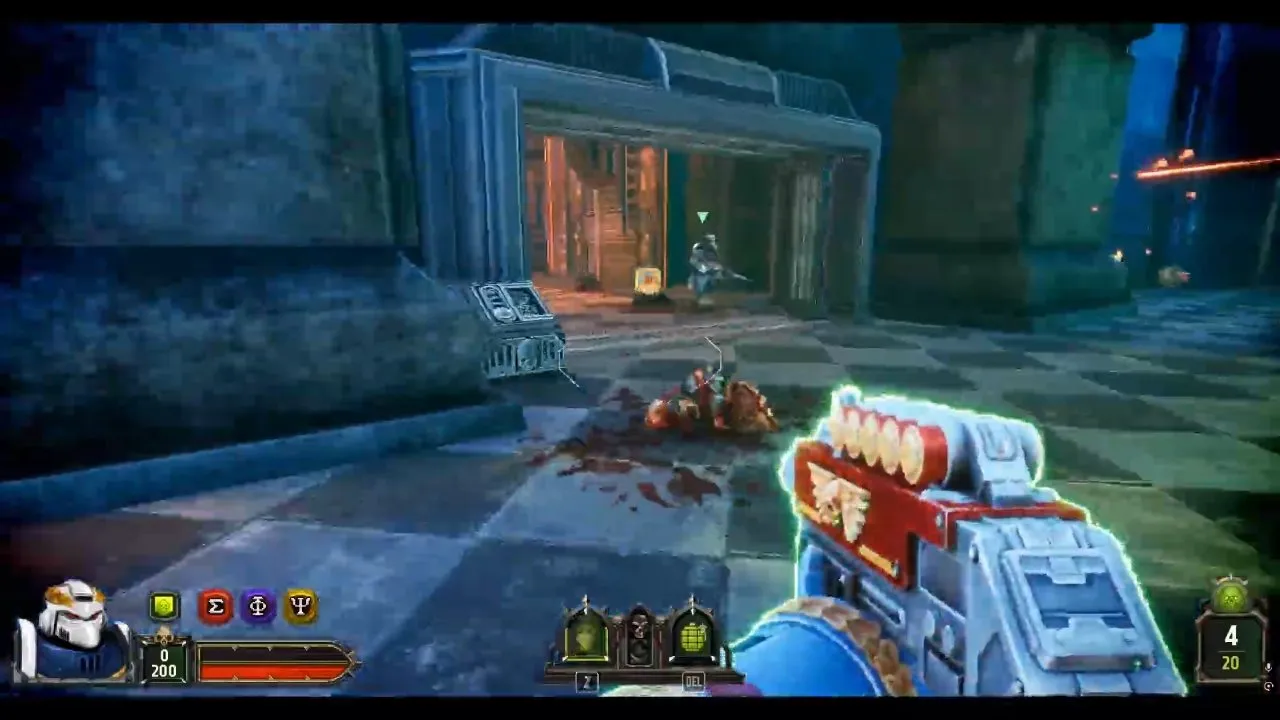 Boltgun 2 bosses: open Dauntless entrance with a pickup and allied soldier
