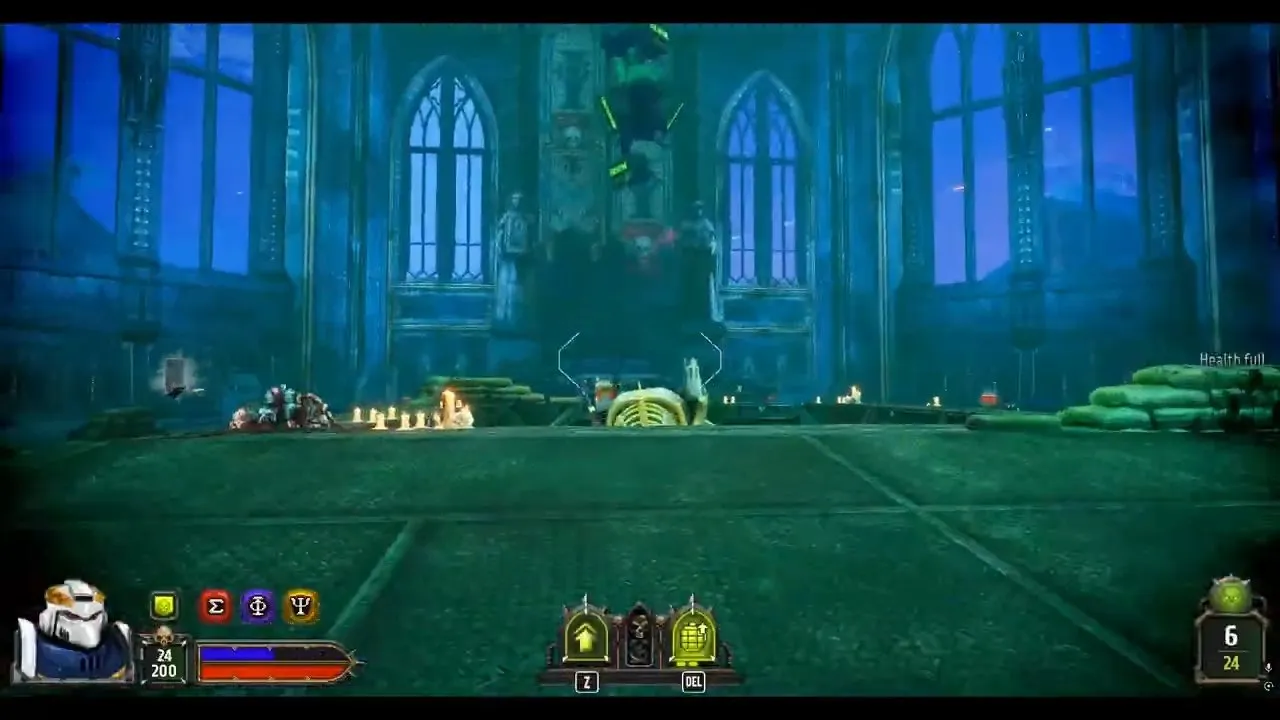 Boltgun 2 bosses: Dauntless central elevator opening beyond the sandbags