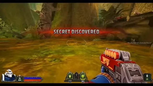 Boltgun 2 difficulty and Exterminatus waterfall secret with Secret Discovered and three grenades on the HUD