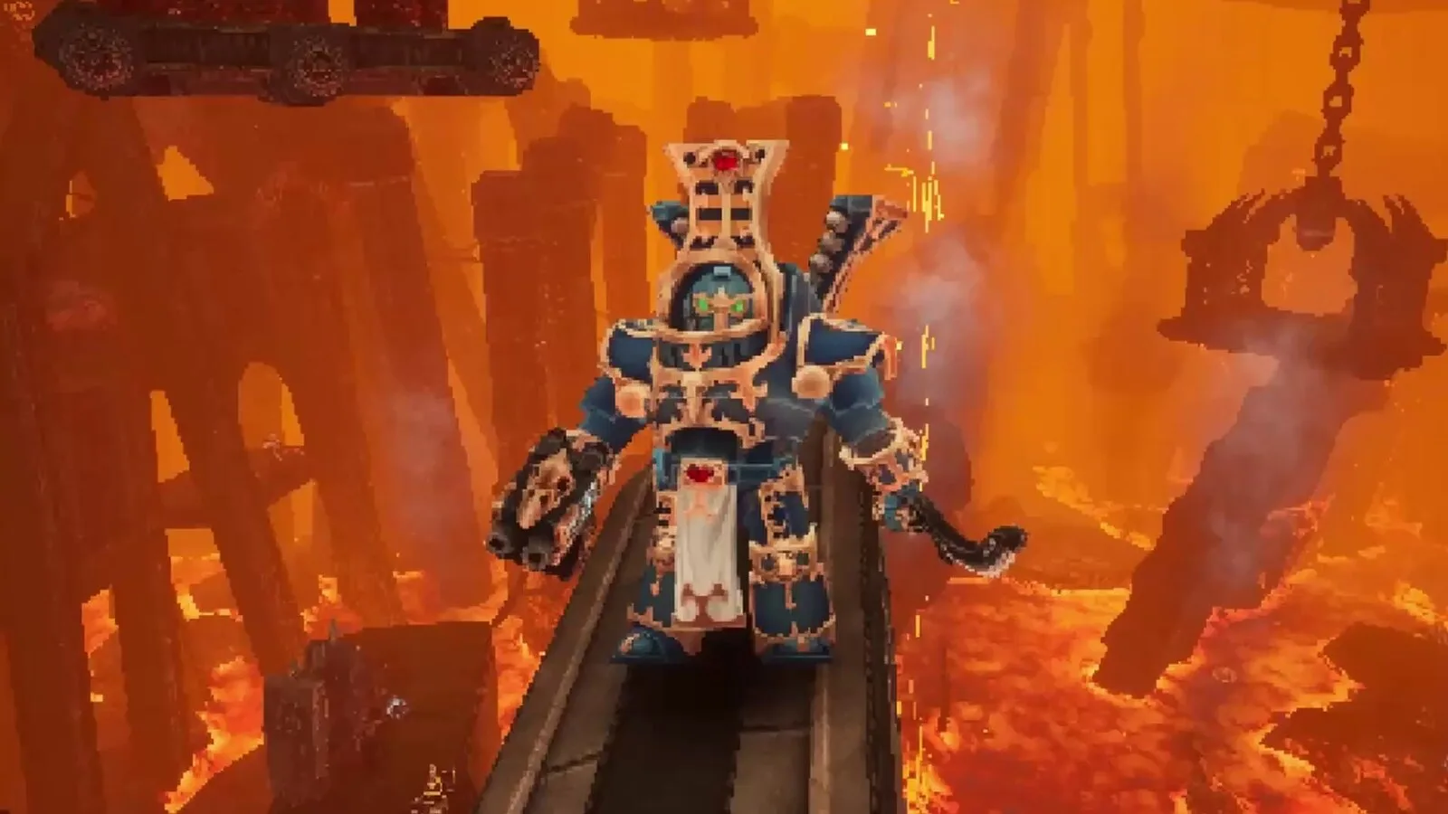 Boltgun 2 Scarab Occult Terminator in blue armor on a bridge over lava
