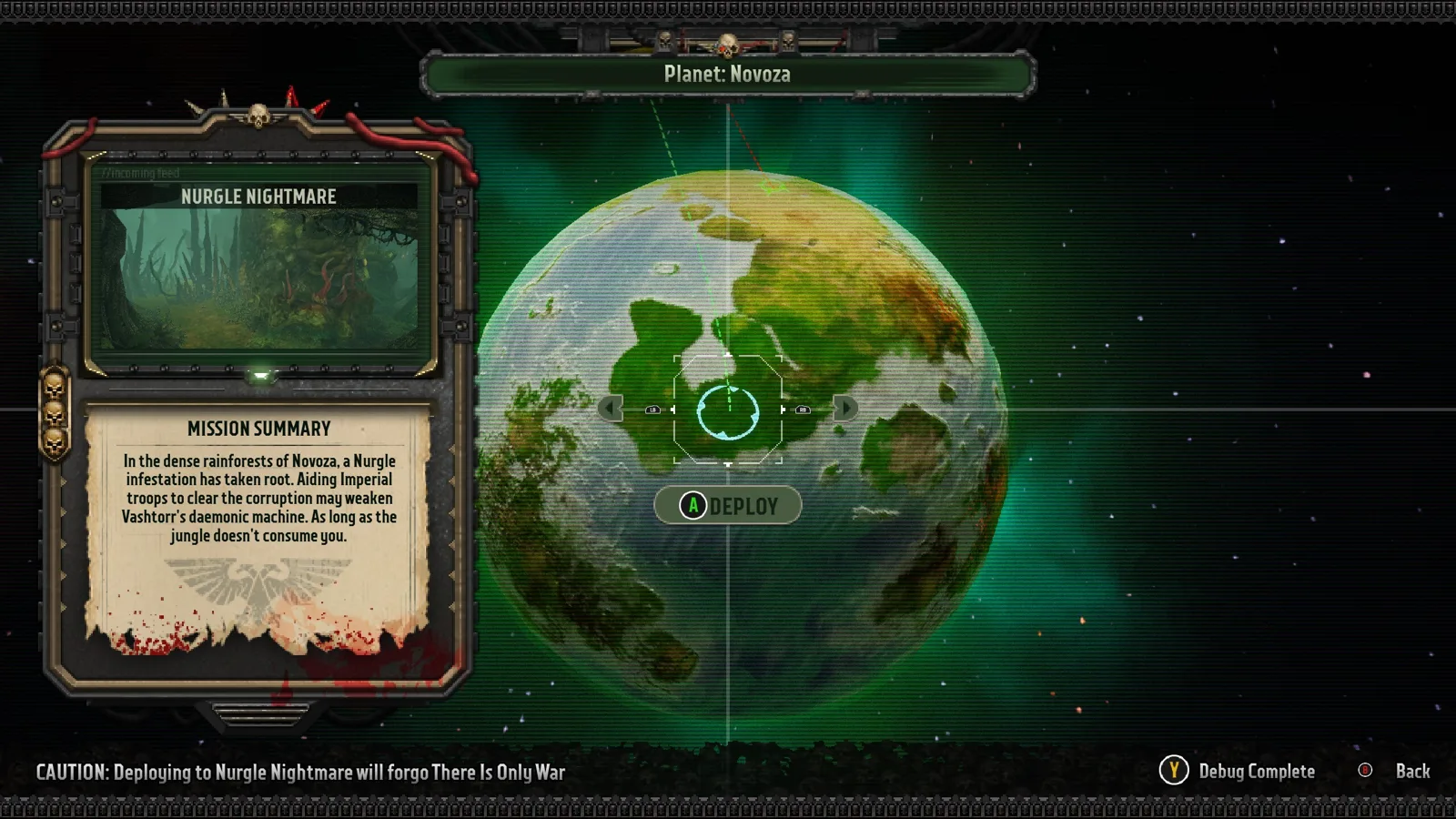 Boltgun 2 campaign map showing planet Novoza and the Nurgle Nightmare mission summary