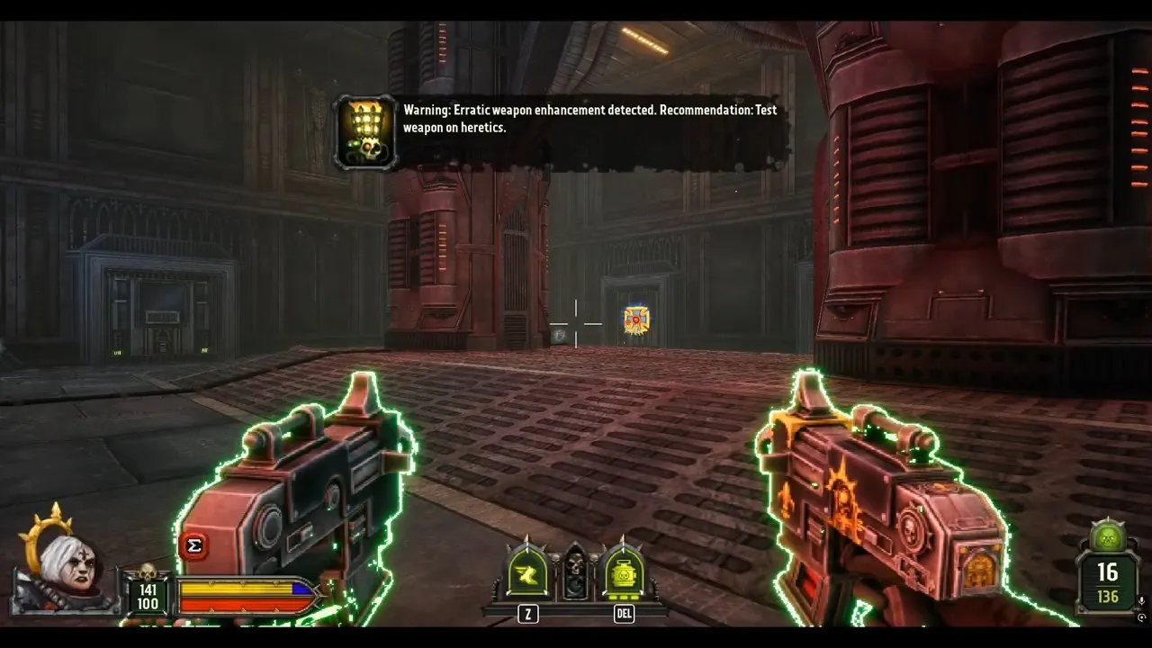 Boltgun 2 Machine Spirit dual Bolt Pistols with green outlines and 16 rounds on the HUD