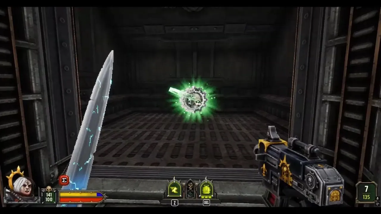 Boltgun 2 Machine Spirit glowing green skull-and-cog pickup inside the secret alcove