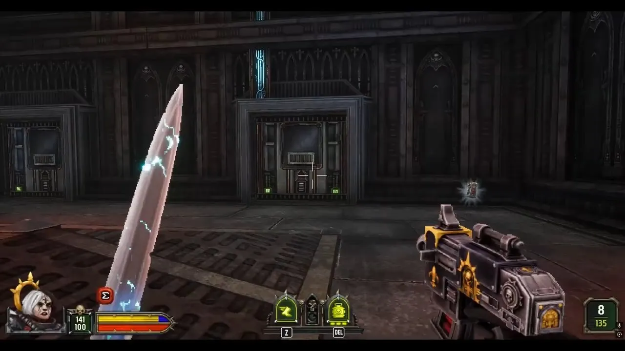 Boltgun 2 Machine Spirit secret door beneath a glowing vertical power line in the Purge room