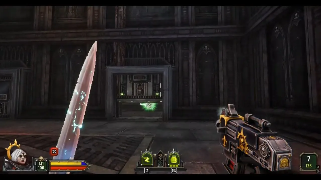 Boltgun 2 Machine Spirit green pickup beneath the rising secret door