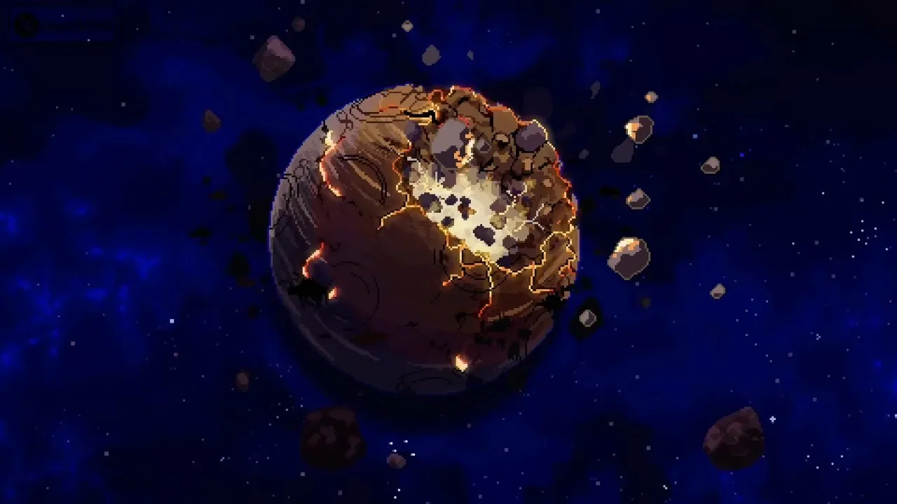Boltgun 2 ending cutscene showing a cracked, burning planet in space