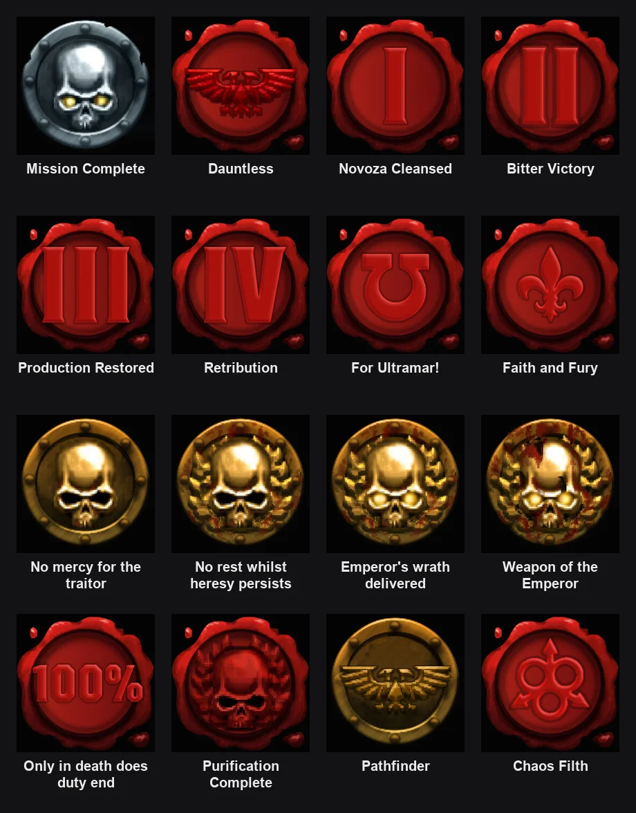 Boltgun 2 trophy icons from Mission Complete to Chaos Filth, each labeled with its name